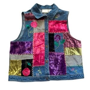 Vintage Susan Bristol Patchwork Denim Vest Embroidered Velvet Floral Size L